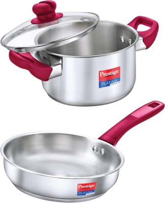 Prestige Platina Popular Stainless Steel Casserole with lid260MM(7.25L)Frypan240MM(2.25L) Cook and Serve Casserole Set(7250 ml, 2250 ml)