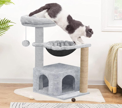 FURRLOVERS Soft Fur Condo Cat Tree - Jute Rope Scratching Post Small cats FURR(71-GREY) Free Standing Cat Tree