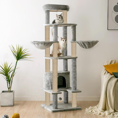 FURRLOVERS Multi-Level,64-Inch Tall, with Scratching Posts, Hammocks and Condo(88-GR) Free Standing Cat Tree