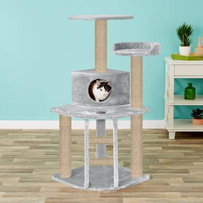 Hiputee Fur Fabric Cat Tree - Ladder Perches Condo Furry Ball Jute Scratching Posts Free Standing Cat Tree