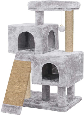 FURRLOVERS Cat House with Scratching Posts Ladder | Pompom Ball|Fur Fabric|Condo(46 -GR) Free Standing Cat Tree