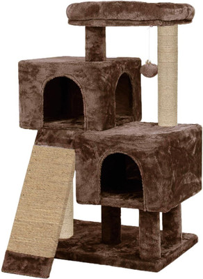 FURRLOVERS Cat House with Scratching Posts Ladder | Pompom Ball|Fur Fabric|Condo(46 -BR) Free Standing Cat Tree