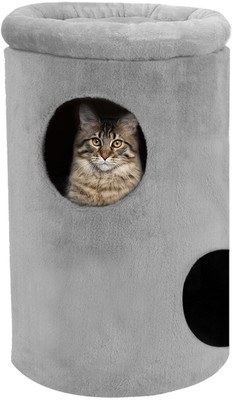 FURRLOVERS Round Cat Tower|Plush Fur Fabric|Detachable Top Perch-12(Grey) Free Standing Cat Tree