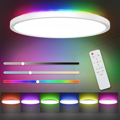Verilux RGB Dimmable Led Flush Mount Ceiling Light with Remote, 12Inch 24W High Bright Ceiling Light Ceiling Lamp(White)
