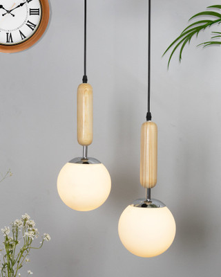Homesake Wood Bullet Lamp with Chrome Cap Ceiling lamp White Frosted Glass pack Of 2 Pendant Lamp Ceiling Lamp(Yellow)