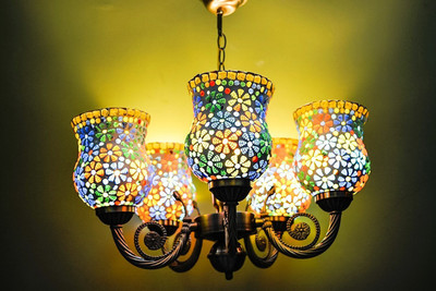 VAGalleryKing Function Decorative Jhumar 5/Light Multicolor Glass Chandelier With Bulb Chandelier Ceiling Lamp(Multicolor)