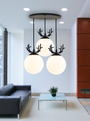 GENREE GEN-DEER DOOM MILKY GLASS ROUND THAALI Chandelier Ceiling Lamp(White, Black)