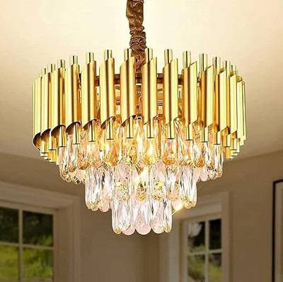 Shri Mahal Antiques 400 MM Gold Mamra LED Crystal Chandelier Light For Living Room Bed Room Hall Chandelier Ceiling Lamp(Gold, Clear)