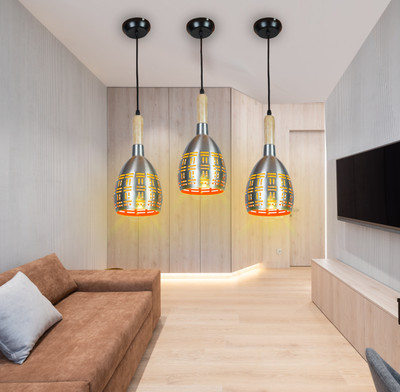 KINIS KIN-SILVER 1201 HL Half Oval with Wooden Cork Lezar Cutting, Silver, Pack of 3 Pendant Lamp Ceiling Lamp(Silver)
