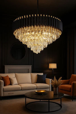 Energia crystal polish metal 600mm (L-60, B-60, H-80 Cm) hanging pendant jhoomer Chandelier Ceiling Lamp(Black, Gold)