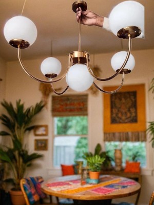 Baslash 5-Light Gold Chandelier, Globe Hangings jhumar Light (Bulb Not Included) Chandelier Ceiling Lamp(Gold, White)