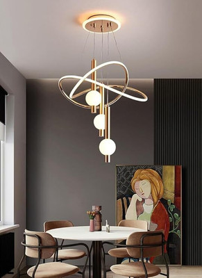 Shri Mahal Antiques LED Gold 3 Light Curvy Pendant Chandelier Light - Warm White Pendant Lamp Ceiling Lamp(Gold, White)