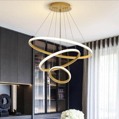 Swanart Modern LED Chandelier, Dimmable 3-Ring Pendant Light Height Adjustable Hanging Pendants Ceiling Lamp(Gold)