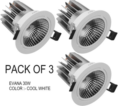 Nortek Evana 30W Round Adjustable Design Tiltable COB Downlight Cool White Pack of 3 Recessed Ceiling Light Ceiling Lamp(White)