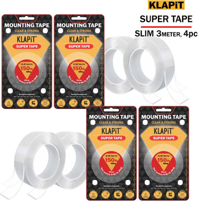 KLAPiT Super Tape - SLIM 3m Heavy Duty Double-Sided Mounting Tape (Manual)(Set of 4, Clear)