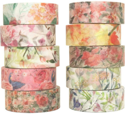 HASTHIP 10 Roll Spring Flower Washi Tape Set Masking Decoration Tape Decorative Adhesive Tape Washi Tape (Manual)(Set of 10, Multicolor)