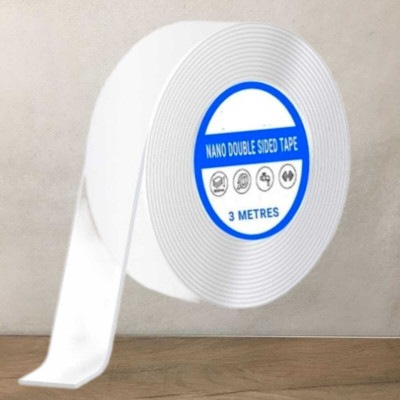 AirSoft Double Sided Transparent Grip Adhesive Tape Nano Heavy Duty Tape Washable Strong Adhesive Tape, Reusable & Washable, Multifunctional Can Hold Items Up To 1 Kg On Smooth Surfaces (Manual)(Set of 1, Transparent Double Sided Wrinkle-Free)