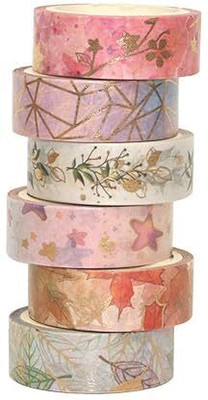 maukir No No Gold Flower Pattern Washi Tape (Manual)(Set of 6, Multicolor)
