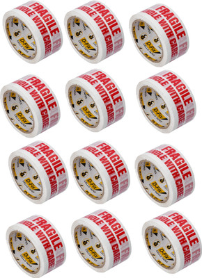 Dfix Single-Sided White Fragile Tape Printed and Packaging Tape For Home, Office Use (Manual)(Set of 12, White)