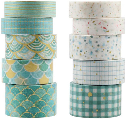 Artigo 10 Rolls Washi Tape Set Golden Foil Decorative Japanese Masking Paper  Office Set(Blue)