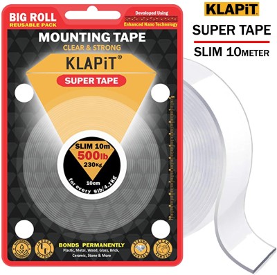 KLAPiT Super Tape - SLIM 10m Heavy Duty Double-sided Handheld Waterproof Nano Tape for multi surface usage (SLIM – 20mm x 10 meter) (Manual)(Set of 1, Clear)