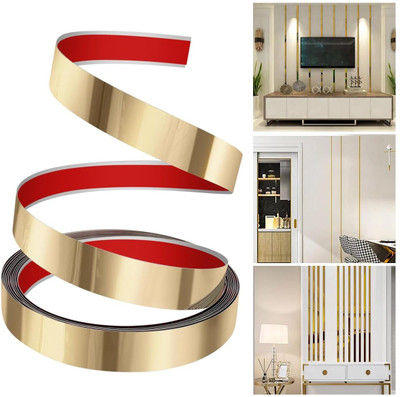 HAEZUR Wall Moulding Strip, Handheld 16.4 ft Peel and Stick Trim, Shiny Gold Metal Molding, Flexible & Self Adhesive (Manual)(Set of 1, Gold)