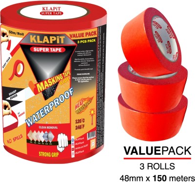 KLAPiT Waterproof Masking Tape - Wide Single Sided Tape 48mm x 50m Handheld Masking Tape (Manual)(Set of 3, Red)