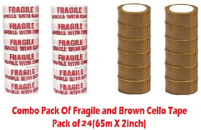 Creative Mart Combo Pack of Handle with Care (Fragile Printed Tape) and Brown Cello Tape - (65m x 2inch) (Manual)(Set of 24, Brown, Red)