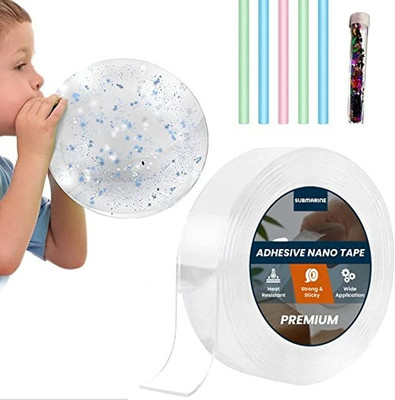 Submarine Double Sided Handheld Nano Tape with Glitter Flakes Stars with Straw for Balloon (Manual)(Set of 1, Transparent)