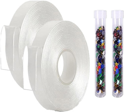 VOIISH Double Sided Nano Tape With Glitter for Walls Washable Strong Sticky-Pack of 2 (Manual)(Set of 2, Transparent)