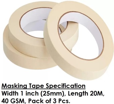 Synervo SINGLE SIDED HAND HELD MASKING TAPE (Manual)(Set of 3, WHITE, Width 1 Inch X Length 20 Mtr)