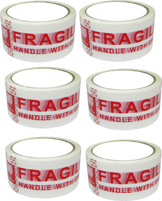 Dfix Single 2 Inch 65 Meter Dispenser Fragile Handle With care Printed Cello Tape (Manual)(Set of 6, Red, White)