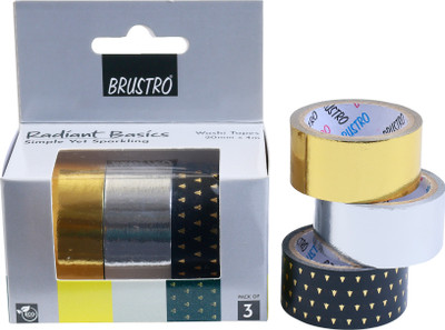 BRuSTRO Radiant Basics Simple Yet Sparkling Washi Tape, 20mm x 4mm (Manual)(Set of 3, Black with Gold, Silver, Golden Shade)