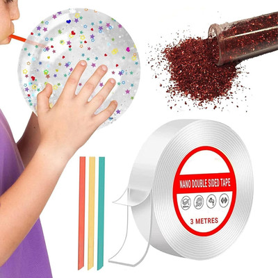 HouseOfCommon Nano Tape with 1 Glitter Flakes 3 Straw for Balloon Moon & Heart Art and Craft DIY Nano tape (Manual)(Set of 1, Transparent)
