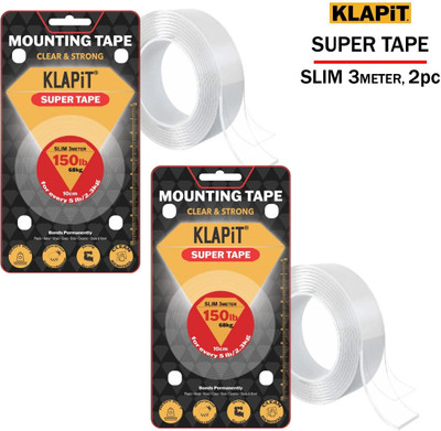 KLAPiT Super Tape - SLIM 3m Heavy Duty Double-Sided Mounting Tape (Manual)(Set of 2, Clear)
