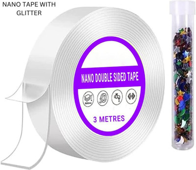 VOIISH Nano Double Sided Tape With Glitter Strong Sticky Traceless Medium Silicon Transparent Double Sided Tape Nano Gel Heat Water Resistant Multipurpose (Manual)(Set of 1, Transparent)
