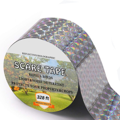 KitchEase Double Sided Bird Repellent Scare Tape - Ribbon for Effective Bird Deterrent Eco-Friendly Reflective Tape to Deter Birds|Protects Gardens, Fruit Trees, Homes Holographic Length-100 M, Width-2.4 CM (1Pcs) (Manual)(Set of 1, Silver)