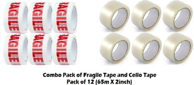 Creative Mart Combo Pack of Handle with Care (Fragile Printed Tape) and Apex Cello Tape - (65m x 2inch) (Manual)(Set of 12, White, Red and White)