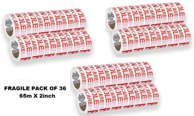 Creative Mart Handle with Care Fragile Tape Printed Tape - (65m x 2inch) (Manual)(Set of 36, White)