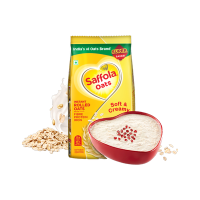Saffola Oats, High Protein (13g), High Fibre (10g) | Instant Rolled Oats | Soft & Creamy Pouch(400 g)