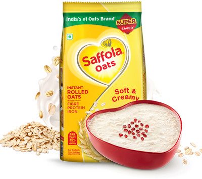 Saffola Oats, Instant Rolled Oats, Soft & Creamy Oats, Power of Protein, Iron & Fibre Pouch(500 g)