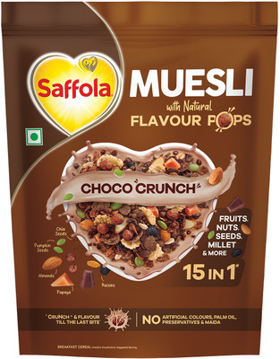Saffola Muesli Choco Crunch with Flavour Pops | 15 in 1 Fruit and Nuts, Seeds, Millet Pouch(400 g)