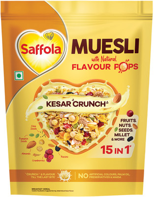 Saffola Muesli Kesar Crunch with Flavour Pops | 15 in 1 Fruit and Nuts, Seeds, Millet Pouch(450 g)