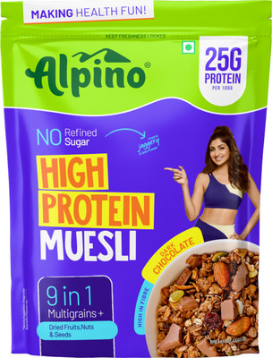 ALPINO 25g High Protein Muesli Dark Chocolate- 9-in-1 Multigrain Breakfast Cereal Pouch(400 g)