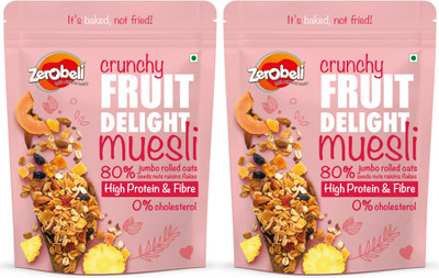 Zerobeli Crunchy High Fiber Fruit Delight Muesli | Source of Protein |Zero Cholesterol Pouch(2 x 425 g)