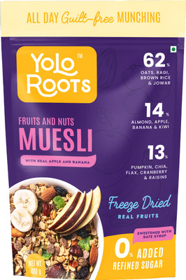 Yolo Roots Fruit and Nuts Muesli With Real Apple & Banana | Made With Date Syrup, Pouch(400 g)