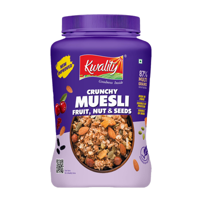 Kwality Crunchy Muesli Fruit,Nut &Seed 87% Multigrains,High in Fibre,Protein & Iron Jar(1 kg)