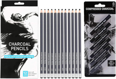 ART RANGER Compressed Charcoal Charcoal Pencils Drawing Set &Compressed Charcoal Sticks Hard,Medium,Soft Stick(Pack of 12)