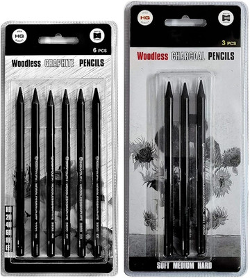 Da Novira Compressed Charcoal Black 3 Pcs Charcoal And 6 Pcs Woodless Graphite Pencil For Shading, Sketching Stick(Pack of 1)