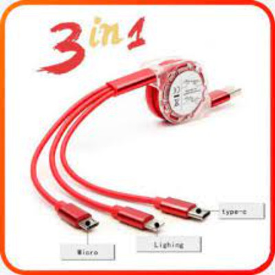 Wishmesh Store Multi Retractable 3 Amp Fast Charger 3-in-1 USB Charge Cord (red) Charging Pad